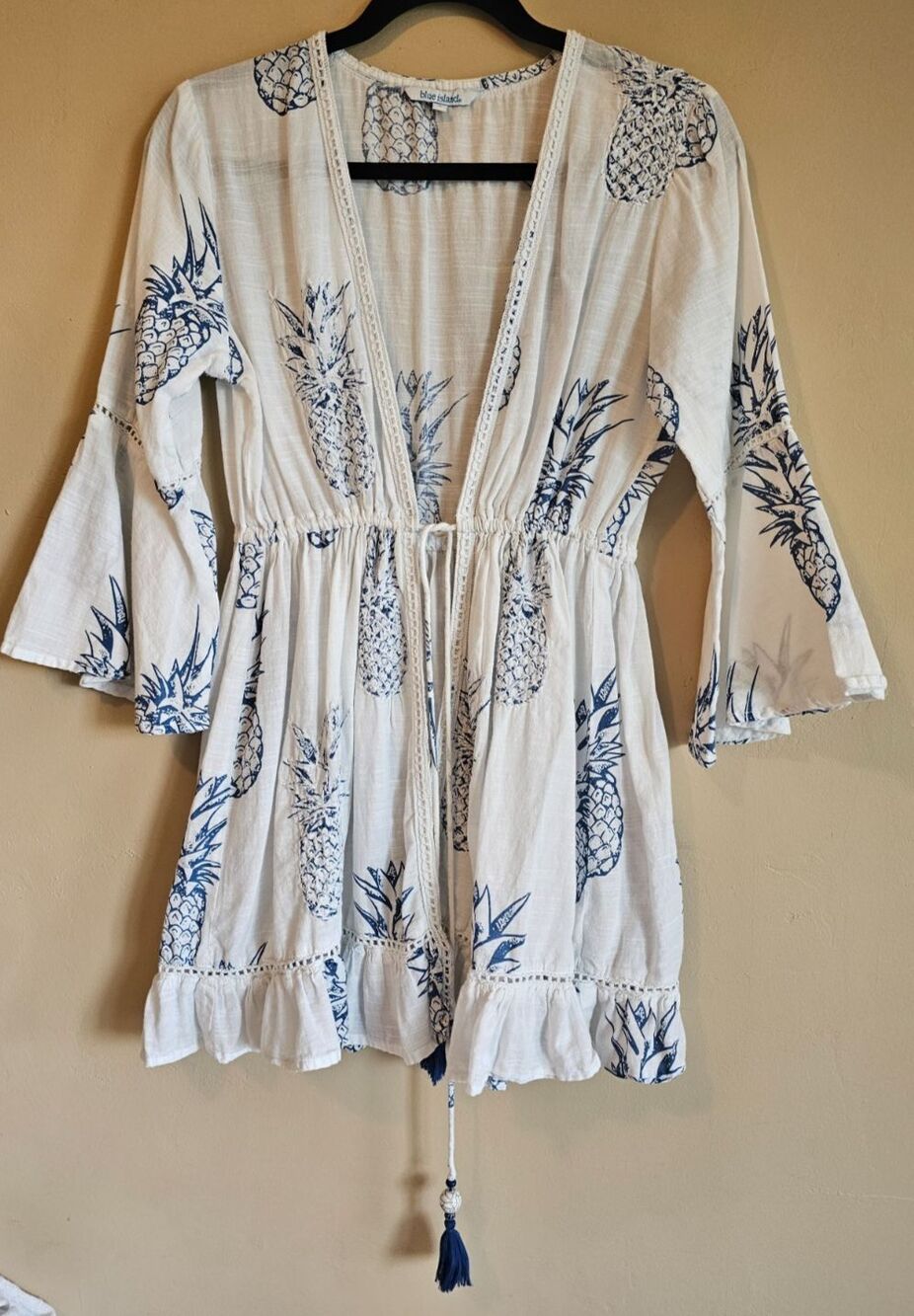 BLUE ISLAND Sz S White Pineapple Swim Coverup Cotton, tiered